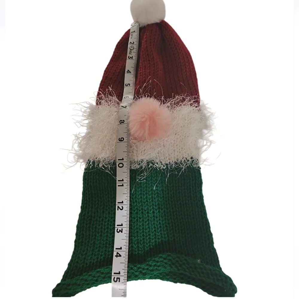 Hand Crafted Kids Festive Red Green Knit  Gnome Hat Faux Fur Beanie Hat Crochet